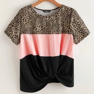 Color Block Twist Hem Leopard Panel Top